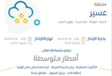 أمطار متوسطة على عسير يُصاحبها سيول ورياح شديدة السرعة وتساقط برد وصواعق رعدية